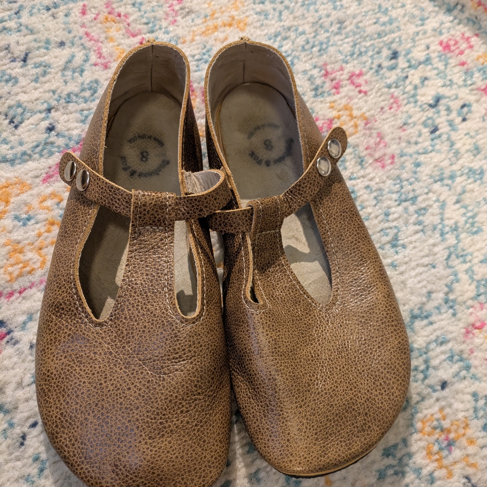 Duchess And Fox Brown Leather Flats with T-Strap Design
